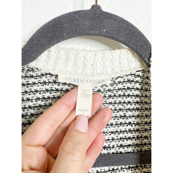 Eileen Fisher Classic Boucle Striped Waterfall Cardigan Black and White Medium - Picture 4 of 6